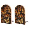 Heaps of Orange Monarch Butterflies Bookends for Shelves, Heavy Duty Wood Book Ends Decorative Book Holder for Bookshelf, Rustic Office Classroom Library Home Decor, 1 Pair (4.7x6.7 Inch)