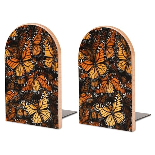 Heaps of Orange Monarch Butterflies Bookends for Shelves, Heavy Duty Wood Book Ends Decorative Book Holder for Bookshelf, Rustic Office Classroom Library Home Decor, 1 Pair (4.7x6.7 Inch)