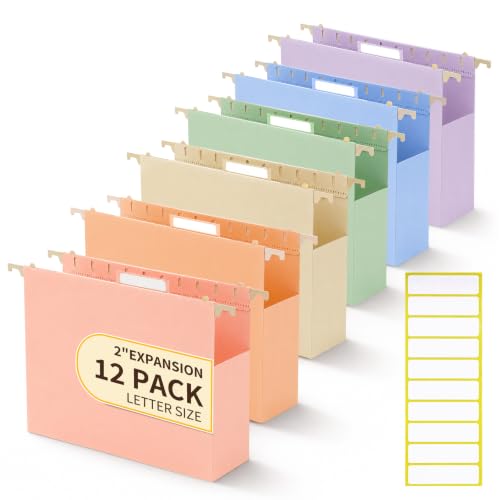 Heavy Duty Extra Capacity Plastic Hanging File Folders, (4 Pack, Macaron) Letter Size, 2 Inch Expansion with 1/5-Cut Tabs, Perfect for Bulk Files, Medical Charts, Business & Office Use (12)