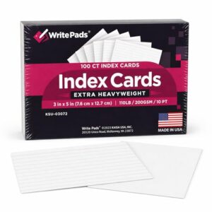 Heavyweight 3x5 Index Cards, Extra Thick Note Cards, Front Lined Back Blank Flash Cards, 110lb / 200gsm / 10pt Cardstock, 100 Sheets, Made in USA, for Studying, Classroom, Office Notes & Organization
