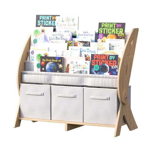 HedoAjim Kids Bookshelf 4 Tier Toddler Book Rack Baby Bookcase with 3 Toy Storage Organizer Cube Bins Fabric Sling Children Bookshelf for Boys Girls Kids Room Nursery Palyroom Book Display Shelf Wood