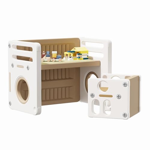 HedoAjim Kids Table and Chairs Set Toddler Activity for 1-3 Children Baby Drawing Craft Art Paly Montessori Table Desk for Mealtime Study for Playroom Nursery Preschool (Khaki White)