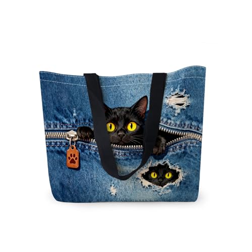 HEizmorixs Black Cats in Denim Print Canvas Tote Bag Reusable Washable Foldable Grocery Handbag with Inner Pocket for Travel, Beach, Work, Casual Stylish Black Cats in Denim Present for Women