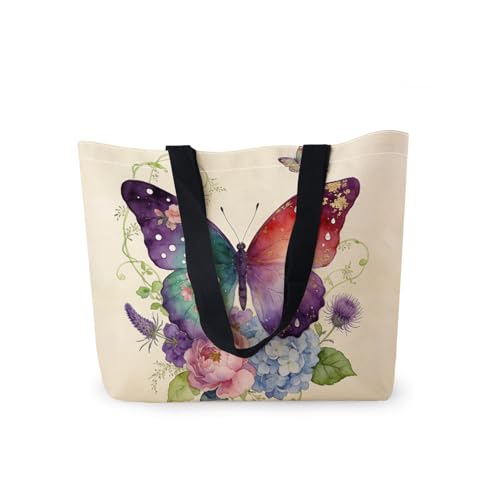 HEizmorixs Colorful Butterfly Print Canvas Tote Bag Reusable Washable Foldable Grocery Handbag with Inner Pocket for Travel, Beach, Casual Stylish Colorful Butterfly Present for Women Friends