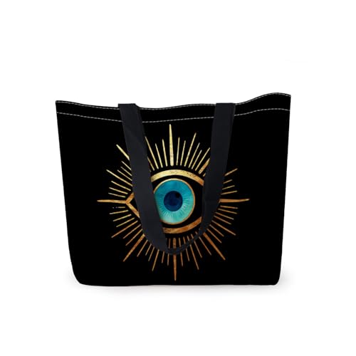 HEizmorixs Golden Evil Eye Print Canvas Tote Bag Reusable Washable Foldable Grocery Handbag with Inner Pocket for Travel, Beach, Work, Casual Stylish Golden Evil Eye Present for Women Friends