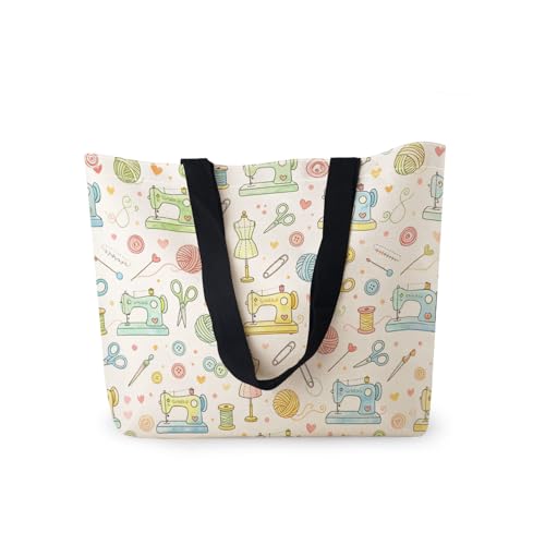 HEizmorixs Sewing Craft Tools Print Canvas Tote Bag Reusable Washable Foldable Grocery Handbag with Inner Pocket for Travel, Beach, Work, Casual Stylish Sewing Craft Tools Present for Women Friends