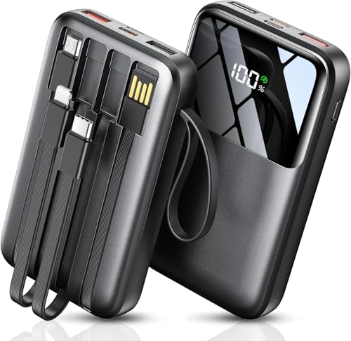 HELLEE Power Bank, 10000mAh Portable Charger with Built in Cable, 22.5W Fast Charging, Slim Travel Essential Battery Pack with LED Display, Compatible with iPhone 17/16/15/14/13, Samsung, iPad Onyx
