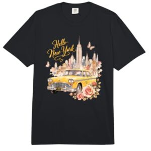 Hello New York Taxi and Skyline Watercolor Graphic Design Comfort Colors Adult Heavyweight T-Shirt
