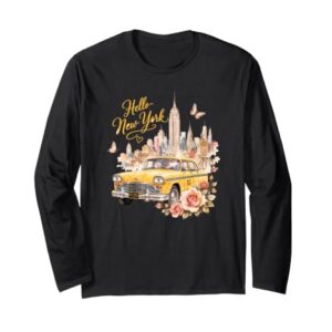 Hello New York Taxi and Skyline Watercolor Graphic Design Long Sleeve T-Shirt