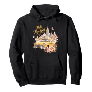 Hello New York Taxi and Skyline Watercolor Graphic Design Pullover Hoodie