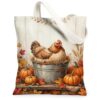 Hen Canvas Tote Bag for Women, Rustic Cozy Pumpkins Leaves Fall Orange Washable Reusable Small Tote Bags Ideas for Outdoor Travel Workday Reading 13x15 Inch