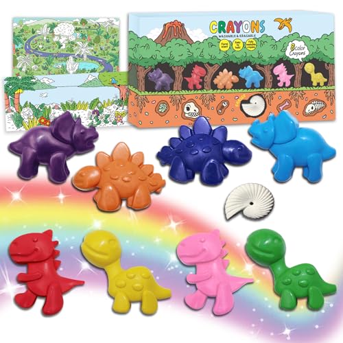HengNexus Dinosaur Crayons for Kids, 8 colors Non-Toxic Washable Dinosaur Shaped Crayon with Drawing Papers & Eraser, Art and Craft Supplies for Kids Ages 3+-1.5 INCH,Dino Crayons for Preschoolers