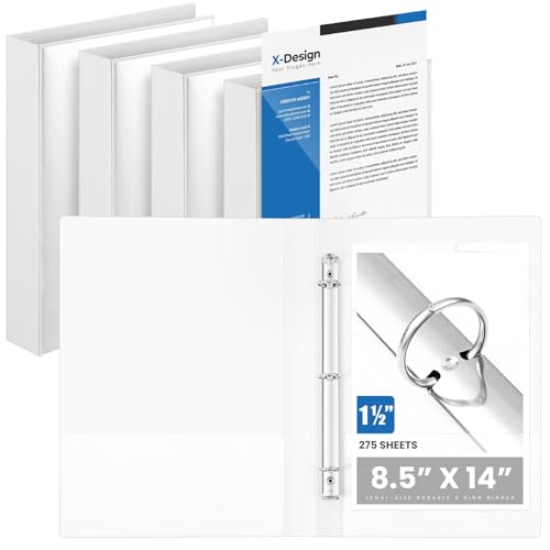 Henoyso 4 Pcs 1.5" Legal Size PP Plastic Binders with View Cover, Durable 3 Ring White Binders for 8.5" x 14" Paper, Hold up to 275 Sheets for Documents, Office, Home, Work Places