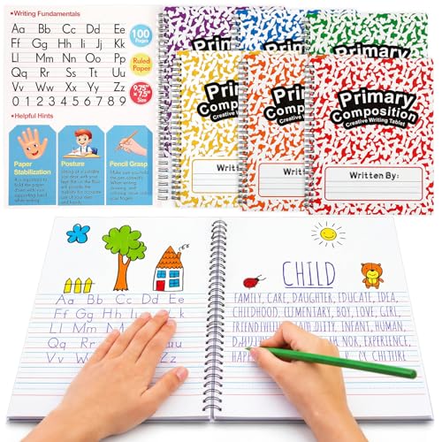 Henoyso 6 Pack Primary Composition Notebooks, 100 Pages Spiral Writing Journals for Kids K-2, Drawing & Handwriting Practice Workbook for Kindergarten, Preschool & 1st–2nd Students (Rainbow Color)