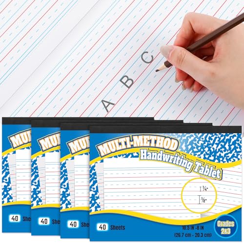 Henoyso Handwriting Paper, 4-pack Primary Writing Tablets, 160 Sheets / 320 Pages, 10.5 x 8 in, Dotted Midline with Red Baseline, Double-sided Writing Practice Paper for Grades 2-3