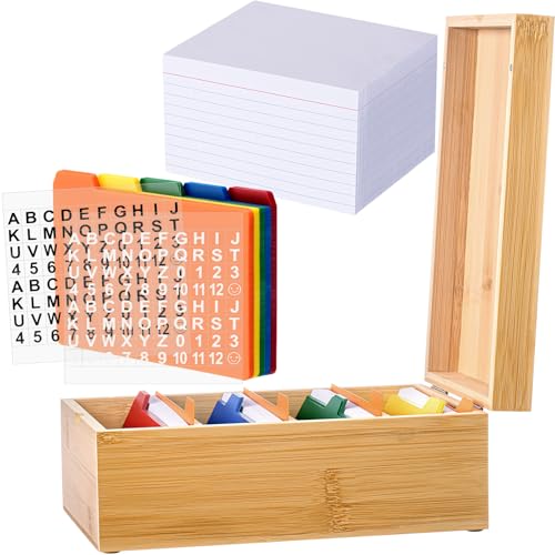 Henoyso Index Card Holder Set 3 x 5 Inches Bamboo Recipe Box Organizer Index Cards Organizer 600 Pcs Note 30 Pcs Dividers 2 Sheets Stickers File Note Box for Office Business Desk Home Kitchen