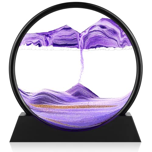 Herecanli Moving Sand Art Picture - 3D Quicksand Painting Decor - Round Glass 3D Deep Sea Sandscape - Relaxing Decoration for Home,Office,Desk,Mantle,Bookshelf,Room- (Purple, 7 in)