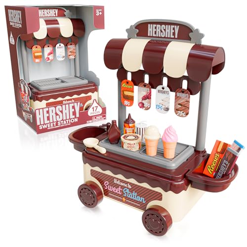 Hershey Sweet Station Cart Set, Shopping Cart for Kids and Snack Cart, Play Set for Toddlers 1-3 with Toy Food and Candy Cart Accessories, Kitchen for Toddlers 1-3 Accessory, 1 Year Old Girl Gift.