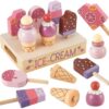 HERSITY Ice Cream Play Set Wooden Play Food Kitchen Toys, Ice Cream Stand Pretend Play for Toddlers 3-5 Gifts Girls Boys