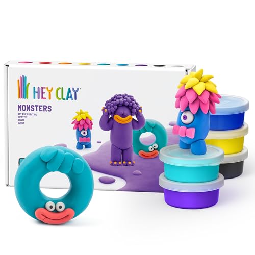 HEY CLAY Colorful Modeling Air Dry Clay for Kids 6 cans with Fun Interactive Instructions App - Kids Activities Age 3+ (Monsters: Hipster, Bigwig, Donut)