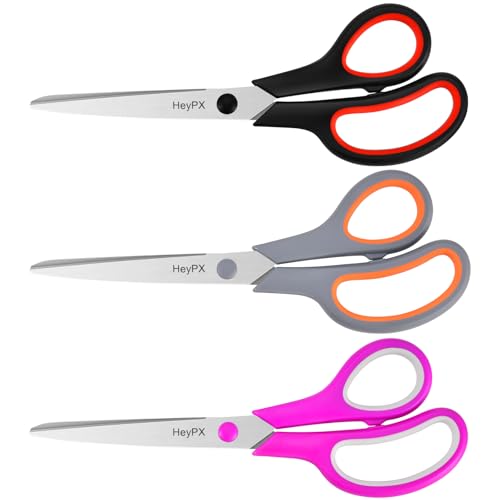 HeyPX 3-Pack 8.5" Ultra Sharp Stainless Steel Scissors - All Purpose Heavy Duty Shears for Office, Crafts, Sewing, Home - Rust Proof, Comfort Grip - Great Gift for Teacher Mom Crafter