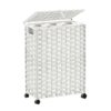 Hiagnete Toilet Paper Storage Basket with Lid and Wheels, Rattan Toilet Paper Holder Storage, Toilet Paper Organizer for Bathroom, Bedroom, Kitchen, 12.6”L x 7.1”W x 17.14”H, White