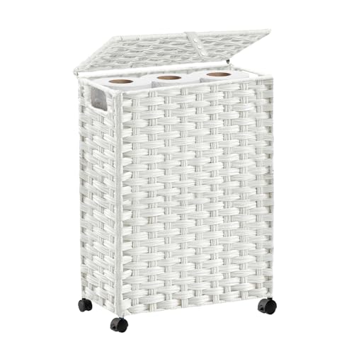 Hiagnete Toilet Paper Storage Basket with Lid and Wheels, Rattan Toilet Paper Holder Storage, Toilet Paper Organizer for Bathroom, Bedroom, Kitchen, 12.6”L x 7.1”W x 17.14”H, White