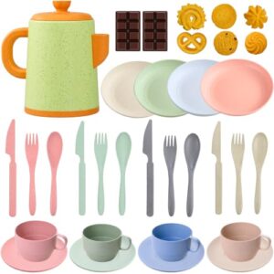 Hiawbon Tea Party Set 33 Pcs Plastic Tea Set with Teapot, Teacups, Saucers and Desserts Afternoon Tea Set for Birthday Gift