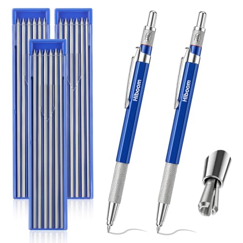 Hiboom 2 Pcs Welders Pencil with 36 Silver Round Refills 2 mm Mechanical Pencils Refill, Metal Marker Set for Pipe Fitter Welder Steel Construction Fabrication Wood Working Metal Layout Fabrication