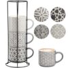 Hiceeden Set of 4 Coffee Mugs with Metal Stand, 15 oz Stackable Espresso Cups Ceramic Coffee Mugs for Cocoa, Latte, Americano, Cappuccinos or Beverages