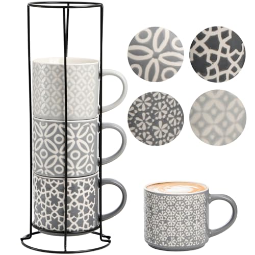 Hiceeden Set of 4 Coffee Mugs with Metal Stand, 15 oz Stackable Espresso Cups Ceramic Coffee Mugs for Cocoa, Latte, Americano, Cappuccinos or Beverages
