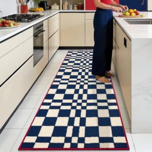 hicorfe Checkered Grid Checkerboard Kitchen Rugs,Non Slip Kitchen Mats for Floor,Washable Kitchen Runner Rugs Carpets for Hallways Entryway Laundry Room(24"x71",Navy Blue)