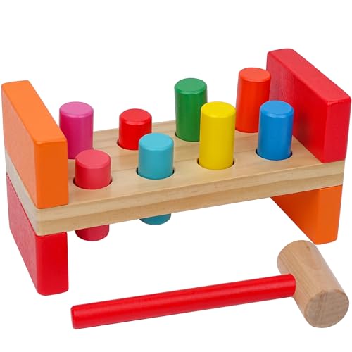 Hidoggy Wooden Hammer Toy for Toddlers 1-3, Montessori Pounding Bench Toy with 8 Pegs and Mallet for Hand-Eye Coordination, STEAM Toddler Toy