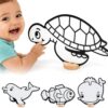 High-Contrast Black & White 3D Sea Creatures — Builds Baby Vision Books & Cards Can't. Then Toddler Motor Skills for School. Re-Colorable Whale, Clownfish, Sea Turtle, Dolphin + 10 Crayons.