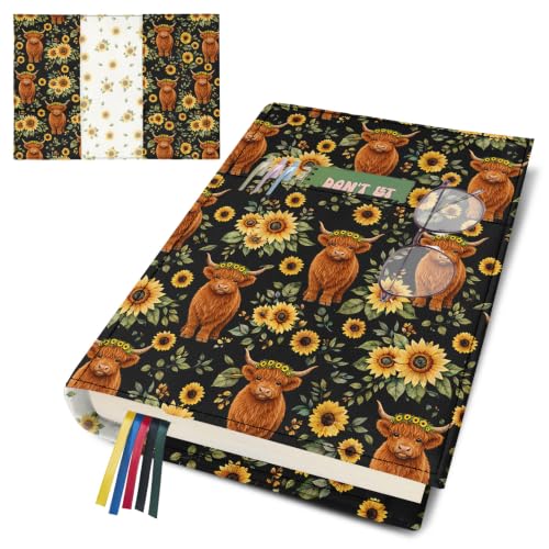 Highland Cow Book Cover for Hardcover Paperback, Adjustable Soft Canvas Fabric Book Protector with 3 Pocket & 1 Bookmark, Double Side Sunflower Print Book Dust Jacket Covers for Book Lovers Gift