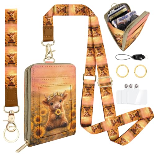 Highland Cow Sunflower Lanyard Wallet Credit Card Holder Small Wallet for Women, Slim RFID Blocking ID Badge Holder Keychain with Zipper Coin Pocket, Thin Travel Card Case with ID Window Ladies Gifts