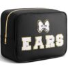 Hillban Ears Travel Bag Headband Holder Organizer Hair Accessories Nylon Large Chenille Letter Bow Cute Makeup Bag Headband Storage Gifts for Women for Theme Park Fans(Black,White Letter)