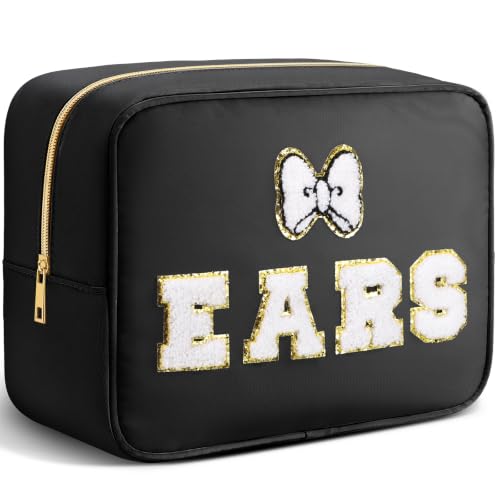 Hillban Ears Travel Bag Headband Holder Organizer Hair Accessories Nylon Large Chenille Letter Bow Cute Makeup Bag Headband Storage Gifts for Women for Theme Park Fans(Black,White Letter)