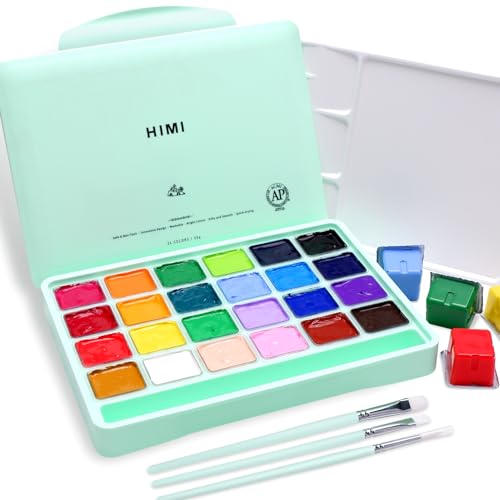 HIMI Gouache Paint Set, 24 Colors x 30ml Unique Jelly Cup Design with 3 Paint Brushes and a Palette in a Carrying Case, Non-Toxic Gouache Paint Perfect for Artists, Students(Green)