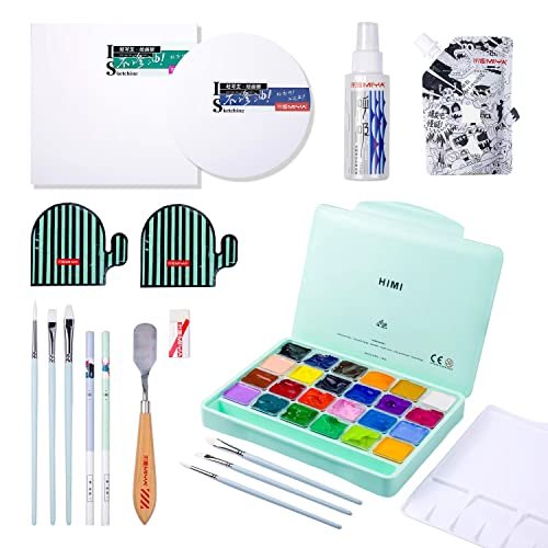 HIMI Gouache Paint Set, 41 Pcs Professional Art Painting Supplies Set with HIMI 24 Paints, 6 Paint Brushes, 2 Canvas Boards, Palette, Paint Knife, Moisturized Mildew Gouache Spray, and White Paint Refill(100ml), Great Paint Kit for Artist, Beginner, and Adults