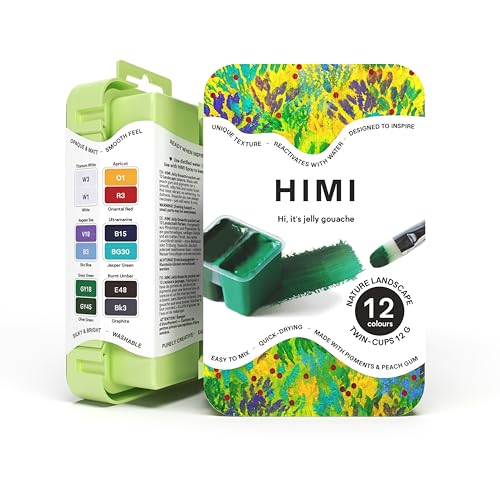 HIMI Twin Cup Gouache Set, 12 Nature Landscape Colours, Apple Green Case, Painting, Art Set for Artists, Paint, Brush, Paints Supplies, Travel Artist Gift, Mini Art Paint Essentials