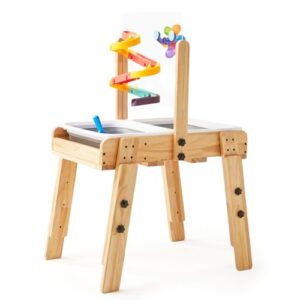 HiMummy Kids Wooden Sensory Activity Table with 2 Collapsible Storage Bins, Acrylic Painting Board, Adjustable Height from 18-25”, Grow with Your Beloved.