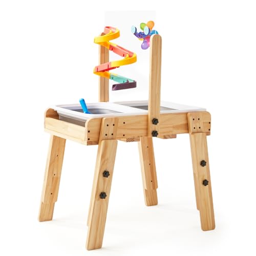 HiMummy Kids Wooden Sensory Activity Table with 2 Collapsible Storage Bins, Acrylic Painting Board, Adjustable Height from 18-25”, Grow with Your Beloved.