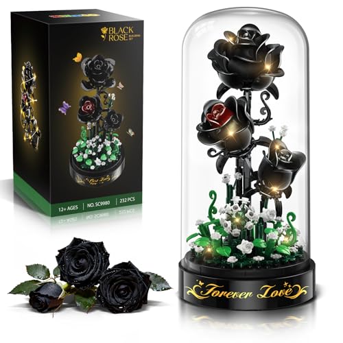 HiWEEGO Flower Building Set with LED Light - 232 PCS Black Rose Building Blocks Kit with Dust Cover, Gift for Mothers Day Wife 3.6MM Flower Botanical Collection Block Toy Home Decor