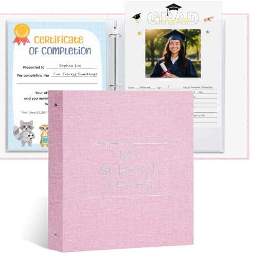 Hiwhy School Memory Book Pre-K to 12, 8.5x11 Inch 3 Ring Binder Scrapbook for Kids, Linen Cover Photo Album School Years Keepsake with 31 Plastic Sleeves, Blank Pages, Stickers & Markers, Pink