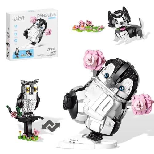 Hixhixgio 3 in 1 Cute Animals Building Sets Flowers Penguin, Husky, or Owl, Animal Figures with 3 Building Options, Creator Animal Model Office Desk Decor Birthday Gift Idea for Teens Adults