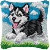 HIYIRUI Latch Hook Kits for Adults and Beginners DIY Needlework Unfinished Crocheting Pillow Kit with Color Preprinted Pattern，Husky puppy0137