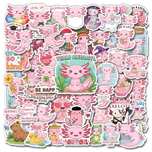 HIZILY 50 Pcs Axolotl Stickers Cute Axolotls Sticker Waterproof Cartoon Pink Animal Decals Water Bottles Laptop Luggage Journal Phone Guitar Scrapbook School Supplies Gifts for Teens Students