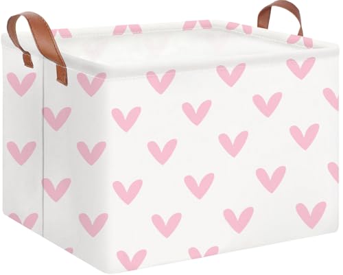 HKEC Rectangle Pink Valentine Gift Basket Empty with Handles for Kids,Cute Organizer Toy Bin,Gift Basket for Girls/Kids(Pink Lovely Heart)
