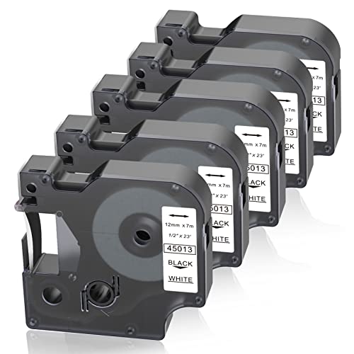 HOCALORT Tape Refills Replacement for Dymo D1 Label Maker Refills 45013, Compatible with Dymo Label Tape 12mm x 7m Black on White for Label Manager 160 160 210D 260P 280 360D 420P 450D, 5 Pack
